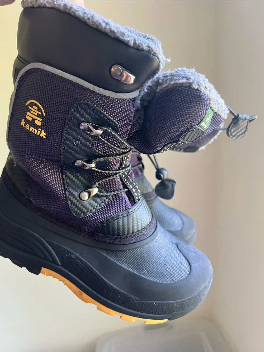Kamik Kids Snow Boots in Black and Navy/Purple with Gray Fleece Collar